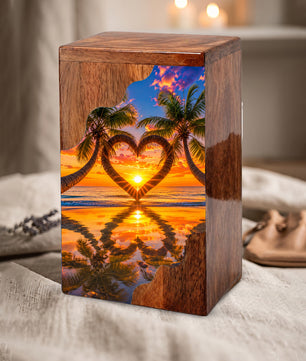 Tropical Beach Wooden Cremation Urn – Sunset Heart Memorial Urn with Palm Tree