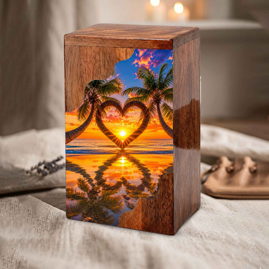 Tropical Beach Wooden Cremation Urn – Sunset Heart Memorial Urn with Palm Tree