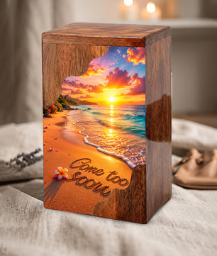 Beach Sunset Wooden Cremation Urn – Coastal Memorial Urn with Ocean Sunset
