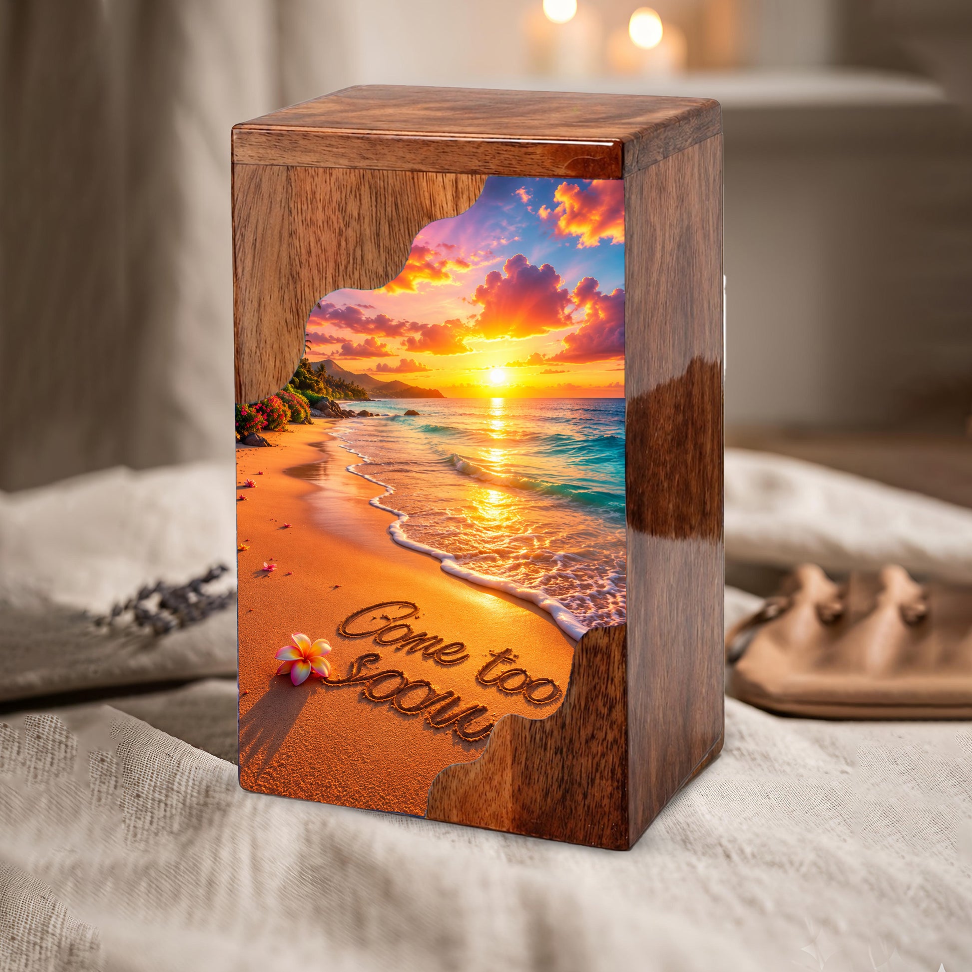 Beach Sunset Wooden Cremation Urn – Coastal Memorial Urn with Ocean Sunset
