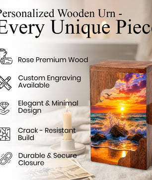 Ocean Sunset Wooden Cremation Urn – Coastal Memorial Urn with Peaceful Wave