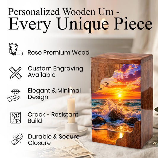 Ocean Sunset Wooden Cremation Urn – Coastal Memorial Urn with Peaceful Wave