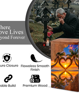 Tropical Beach Wooden Cremation Urn – Sunset Heart Memorial Urn with Palm Tree