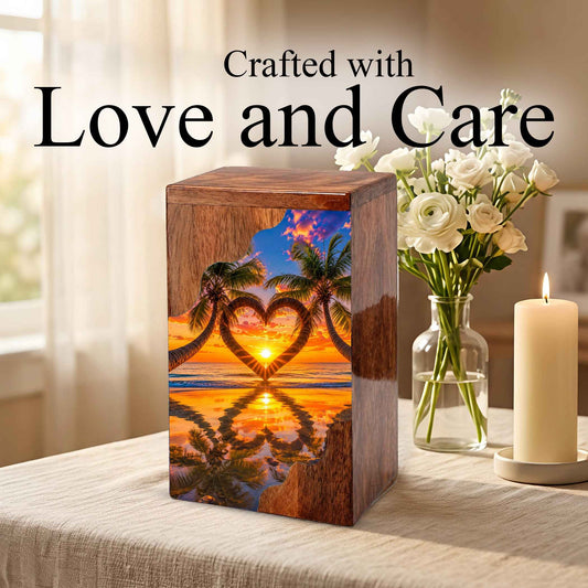 Tropical Beach Wooden Cremation Urn – Sunset Heart Memorial Urn with Palm Tree