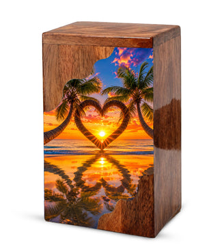 Tropical Beach Wooden Cremation Urn – Sunset Heart Memorial Urn with Palm Tree