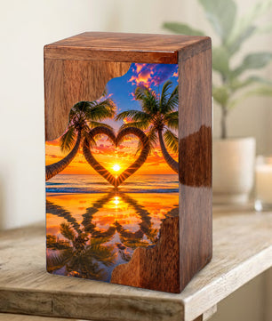 Tropical Beach Wooden Cremation Urn – Sunset Heart Memorial Urn with Palm Tree