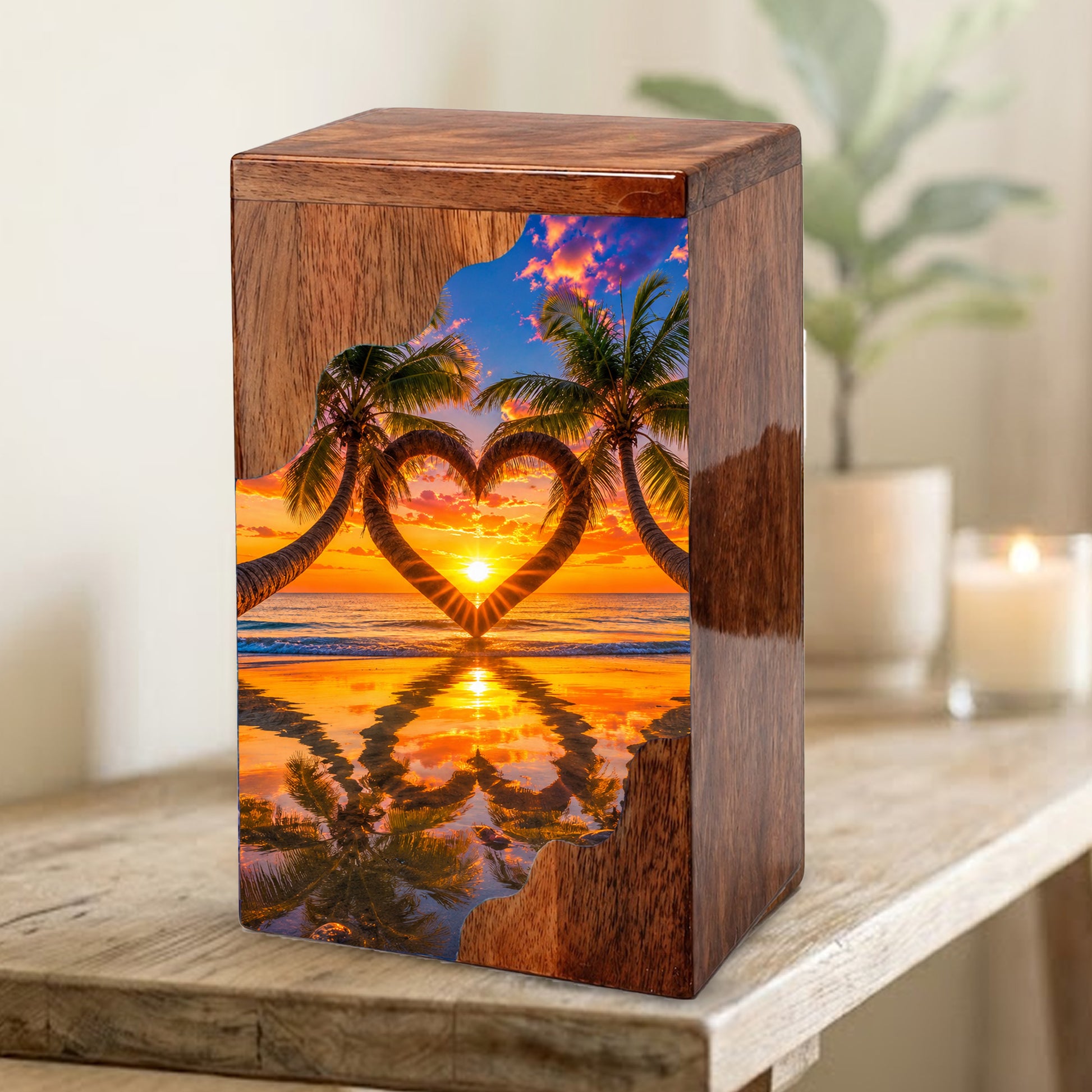 Tropical Beach Wooden Cremation Urn – Sunset Heart Memorial Urn with Palm Tree