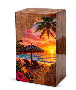 Tropical Beach Wooden Cremation Urn – Sunset Beach Memorial Urn with Palm Tree & Ocean Artwork