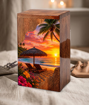 Tropical Beach Wooden Cremation Urn – Sunset Beach Memorial Urn with Palm Tree & Ocean Artwork