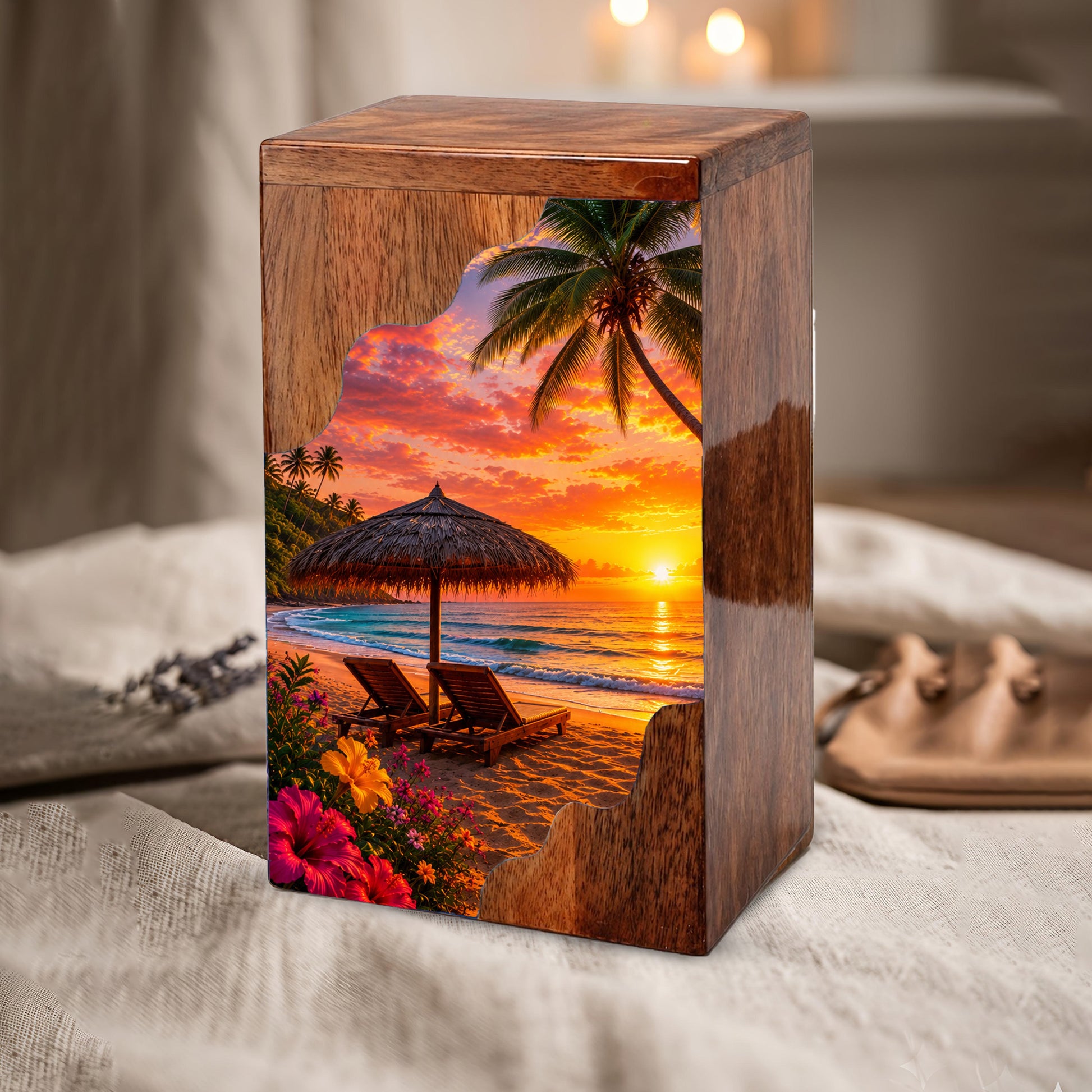 Tropical Beach Wooden Cremation Urn – Sunset Beach Memorial Urn with Palm Tree & Ocean Artwork