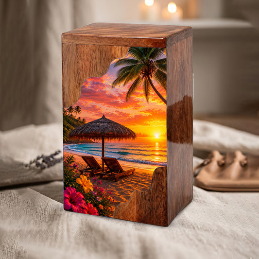 Tropical Beach Wooden Cremation Urn – Sunset Beach Memorial Urn with Palm Tree & Ocean Artwork