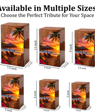 Tropical Beach Wooden Cremation Urn – Sunset Beach Memorial Urn with Palm Tree & Ocean Artwork