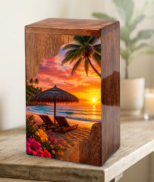 Tropical Beach Wooden Cremation Urn – Sunset Beach Memorial Urn with Palm Tree & Ocean Artwork