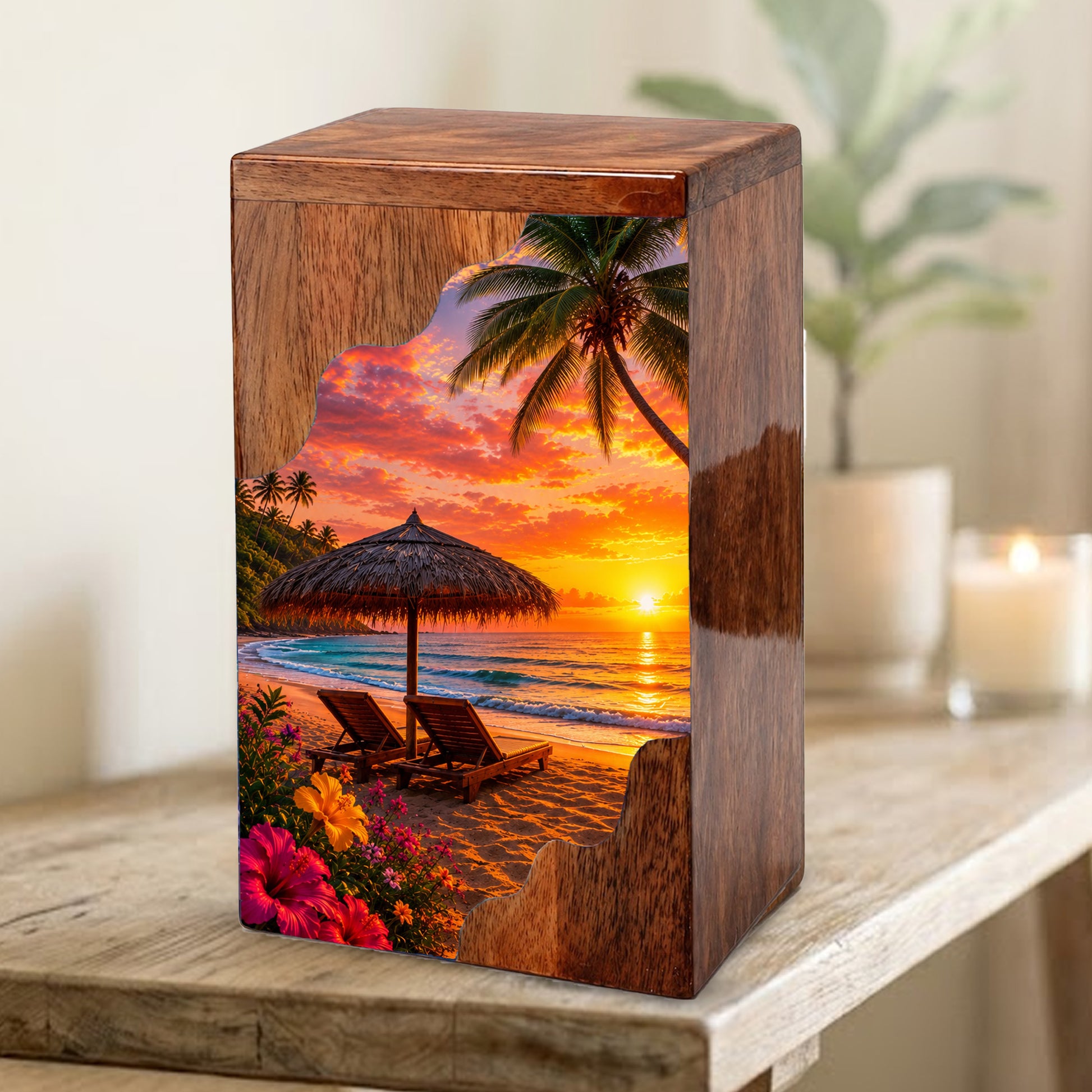 Tropical Beach Wooden Cremation Urn – Sunset Beach Memorial Urn with Palm Tree & Ocean Artwork