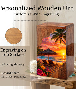 Tropical Beach Wooden Cremation Urn – Sunset Beach Memorial Urn with Palm Tree & Ocean Artwork