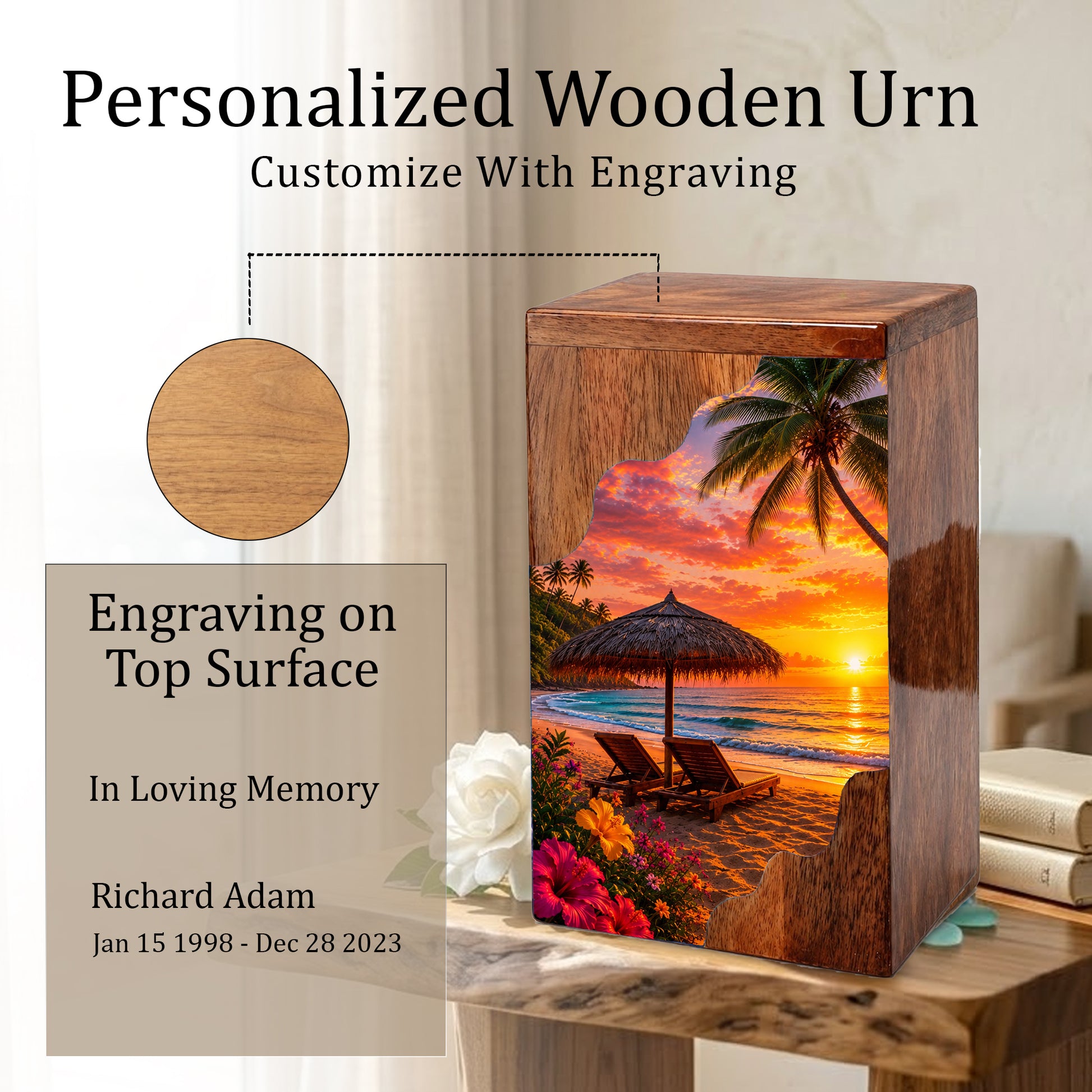 Tropical Beach Wooden Cremation Urn – Sunset Beach Memorial Urn with Palm Tree & Ocean Artwork