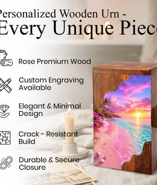 Tropical Sunset Beach Wooden Cremation Urn – Personalized Memorial Urn for Human Ashes