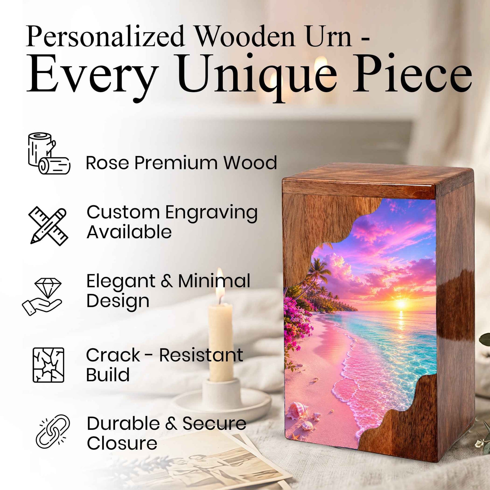 Tropical Sunset Beach Wooden Cremation Urn – Personalized Memorial Urn for Human Ashes
