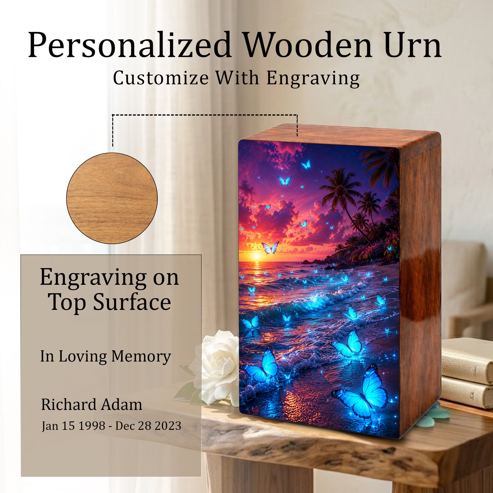 Blue Butterfly Urn For Ashes Mom - Beach Scene Cremation Urns For Adult Women