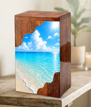 Serene Beach Wooden Cremation Urn – Personalized Memorial Urn for Human Ashes