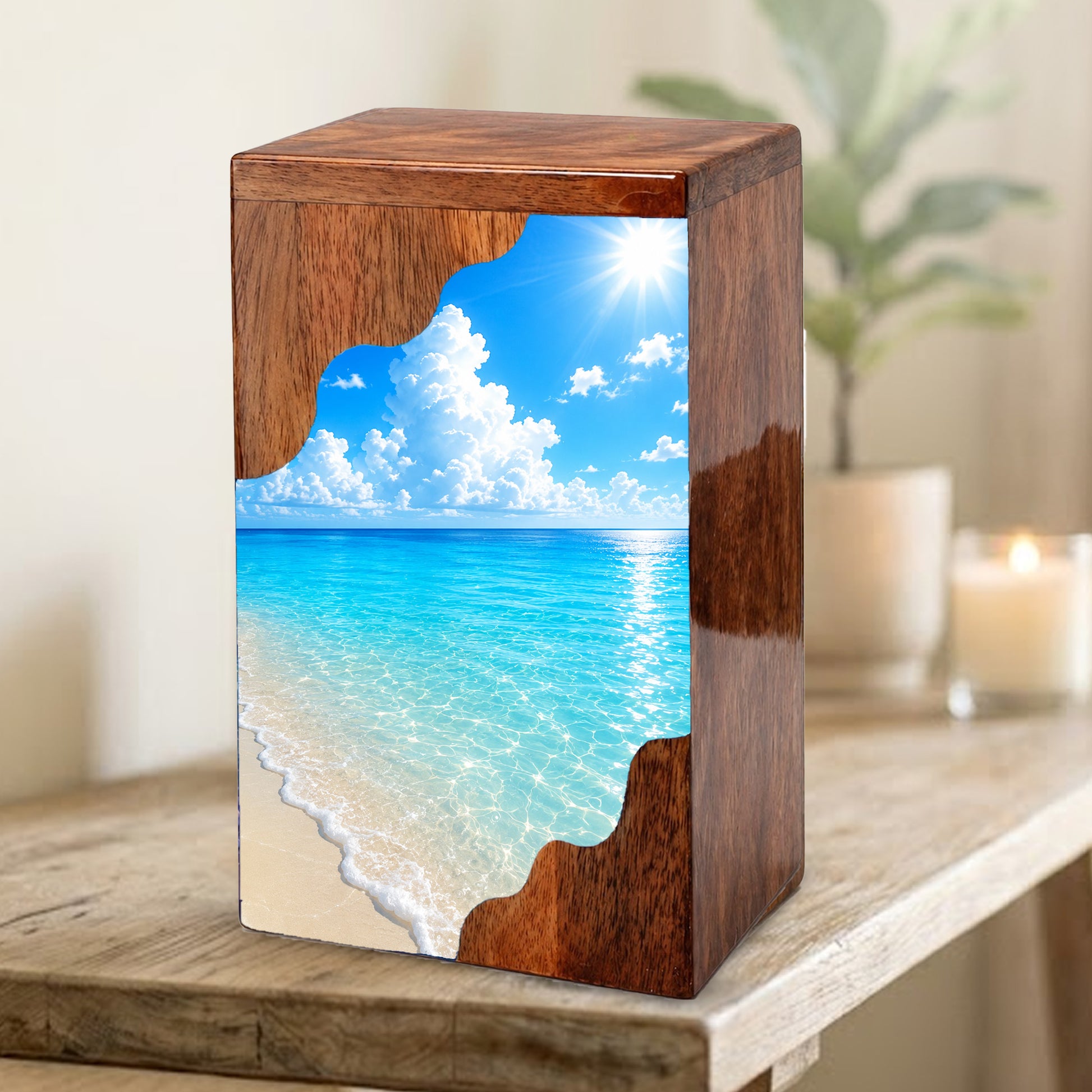 Serene Beach Wooden Cremation Urn – Personalized Memorial Urn for Human Ashes