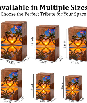 Tropical Beach Wooden Cremation Urn – Sunset Heart Memorial Urn with Palm Tree