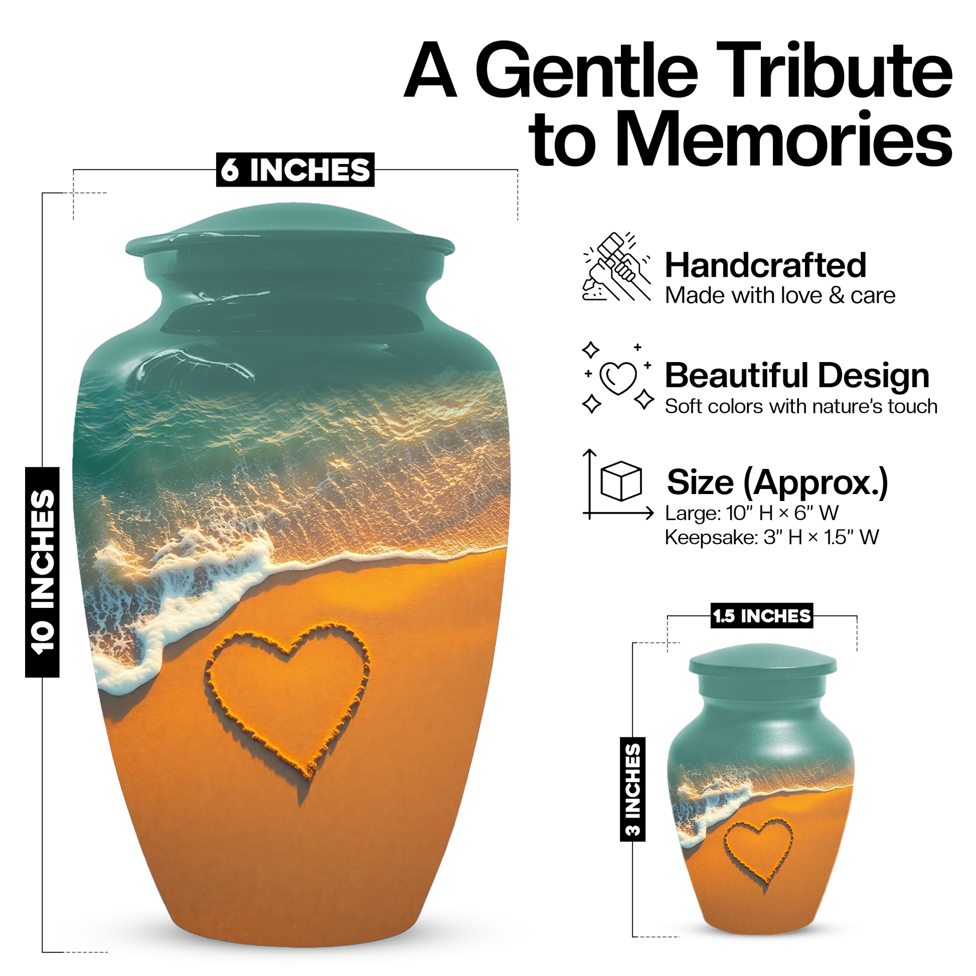 Beach Memorial Urn for Human Ashes, Ocean Heart Cremation Urn, Custom Adult Funeral Urn