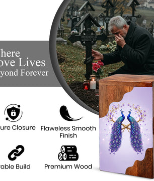 Royal Peacock Wooden Cremation Urn – Elegant Peacock Memorial Wooden Urn for Human Ashes