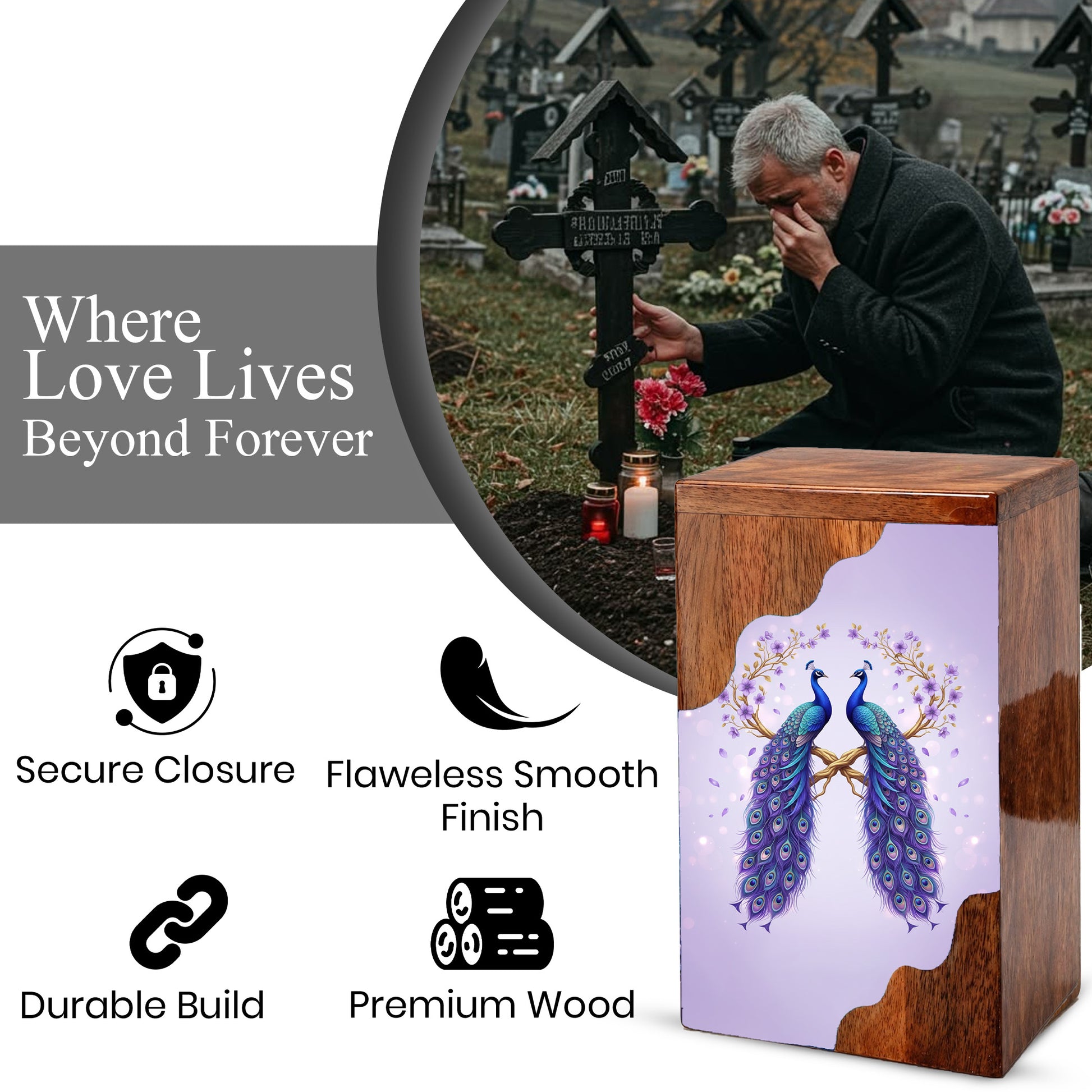 Royal Peacock Wooden Cremation Urn – Elegant Peacock Memorial Wooden Urn for Human Ashes