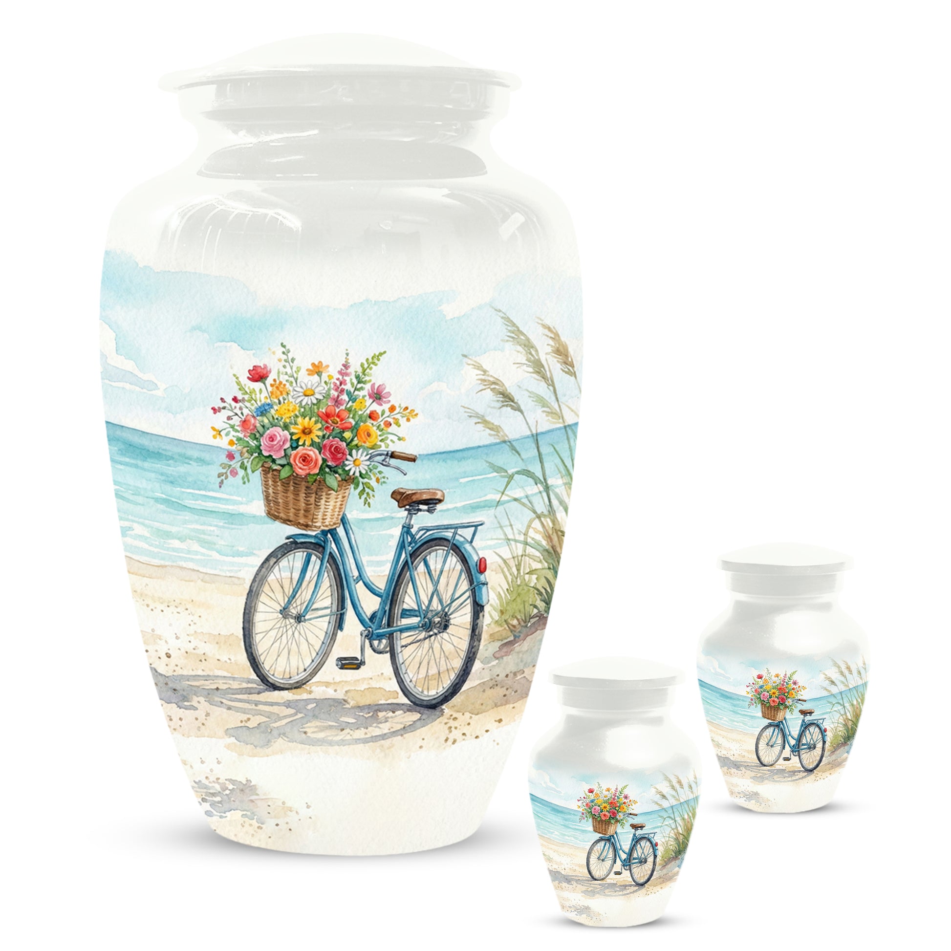 Beach Bicycle Urn for Mom – Coastal Cremation Urn for Ashes | Floral Ocean Memorial Keepsake