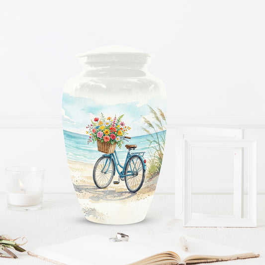 Beach Bicycle Urn for Mom – Coastal Cremation Urn for Ashes | Floral Ocean Memorial Keepsake