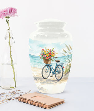 Beach Bicycle Urn for Mom – Coastal Cremation Urn for Ashes | Floral Ocean Memorial Keepsake