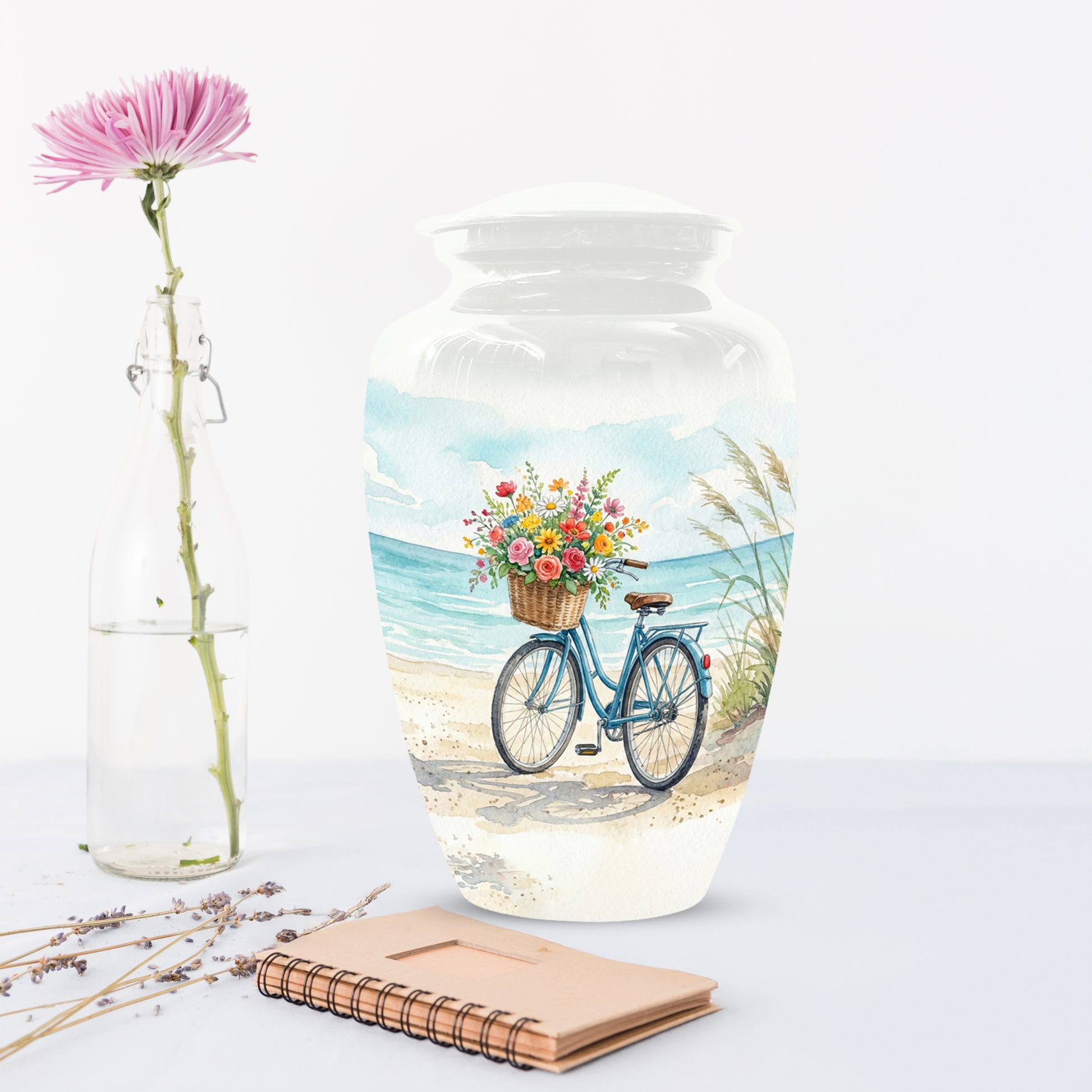 Beach Bicycle Urn for Mom – Coastal Cremation Urn for Ashes | Floral Ocean Memorial Keepsake