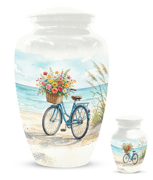 Beach Bicycle Urn for Mom – Coastal Cremation Urn for Ashes | Floral Ocean Memorial Keepsake