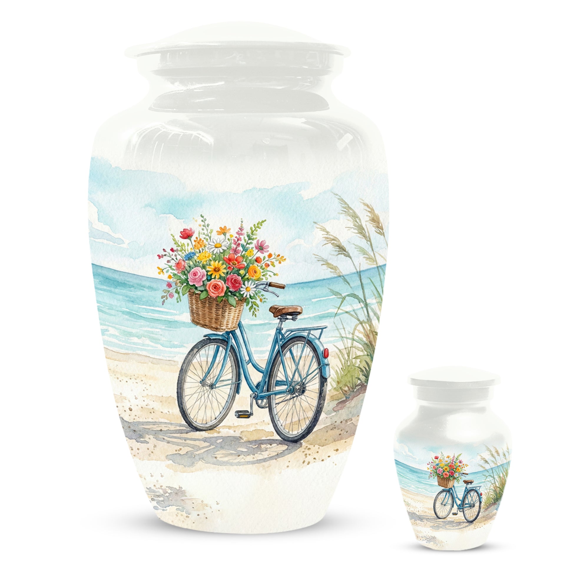 Beach Bicycle Urn for Mom – Coastal Cremation Urn for Ashes | Floral Ocean Memorial Keepsake