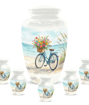 Beach Bicycle Urn for Mom – Coastal Cremation Urn for Ashes | Floral Ocean Memorial Keepsake