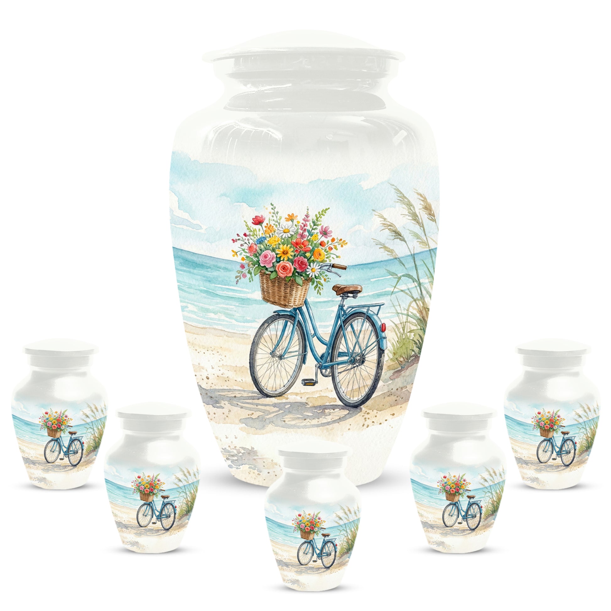 Beach Bicycle Urn for Mom – Coastal Cremation Urn for Ashes | Floral Ocean Memorial Keepsake