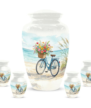 Beach Bicycle Urn for Mom – Coastal Cremation Urn for Ashes | Floral Ocean Memorial Keepsake