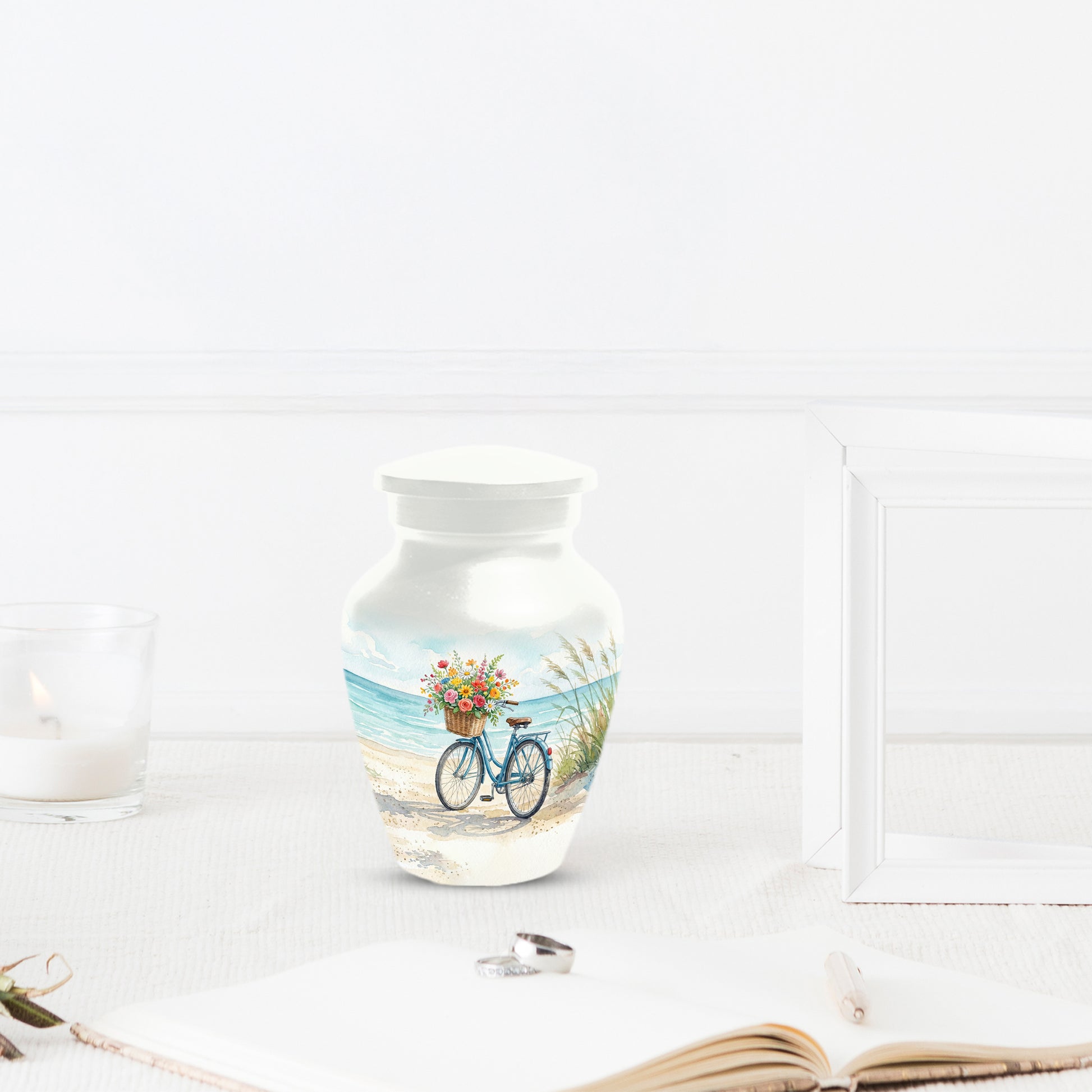 Beach Bicycle Urn for Mom – Coastal Cremation Urn for Ashes | Floral Ocean Memorial Keepsake