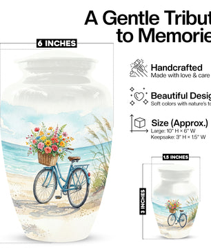 Beach Bicycle Urn for Mom – Coastal Cremation Urn for Ashes | Floral Ocean Memorial Keepsake