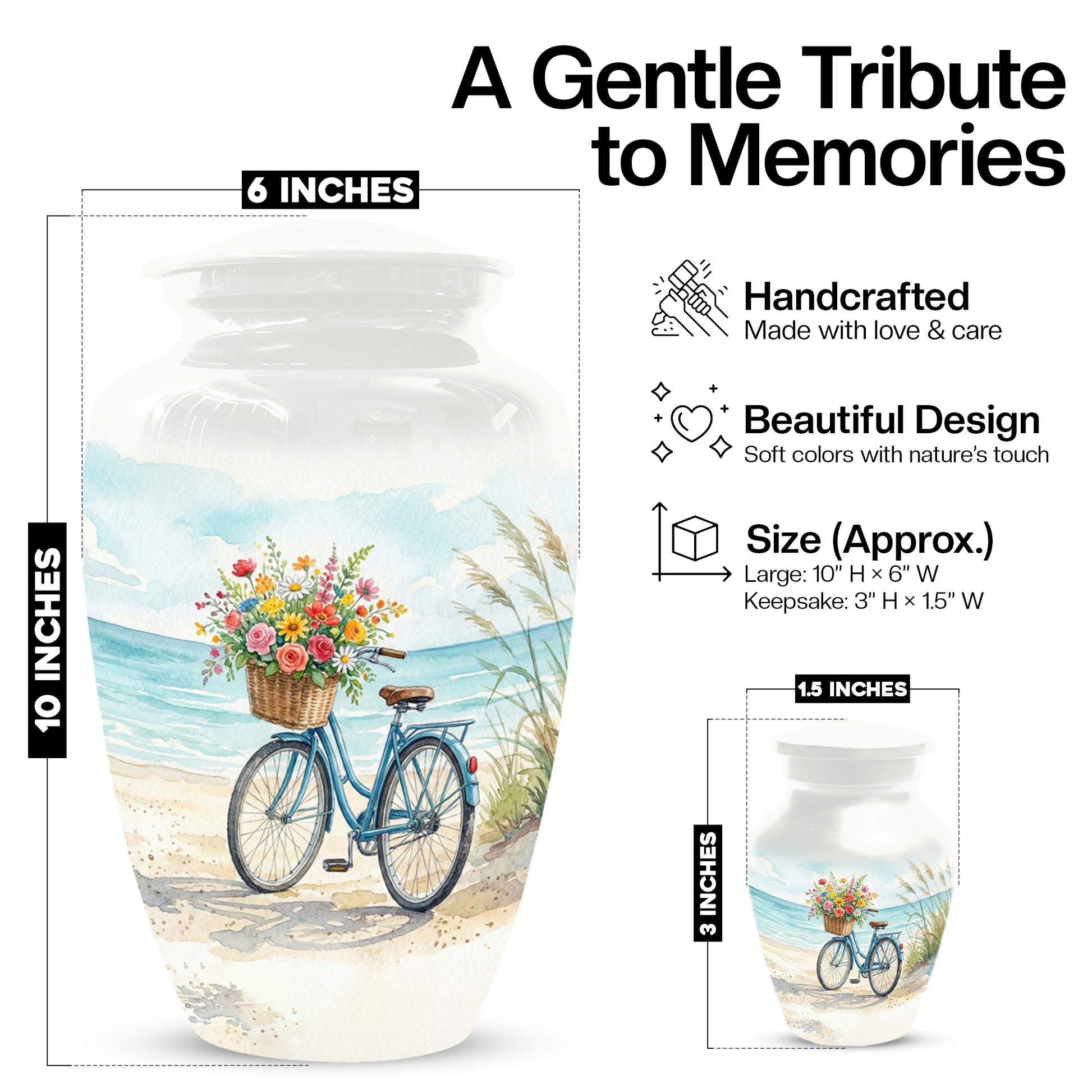 Beach Bicycle Urn for Mom – Coastal Cremation Urn for Ashes | Floral Ocean Memorial Keepsake