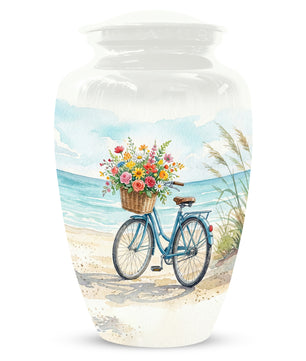 Beach Bicycle Urn for Mom – Coastal Cremation Urn for Ashes | Floral Ocean Memorial Keepsake