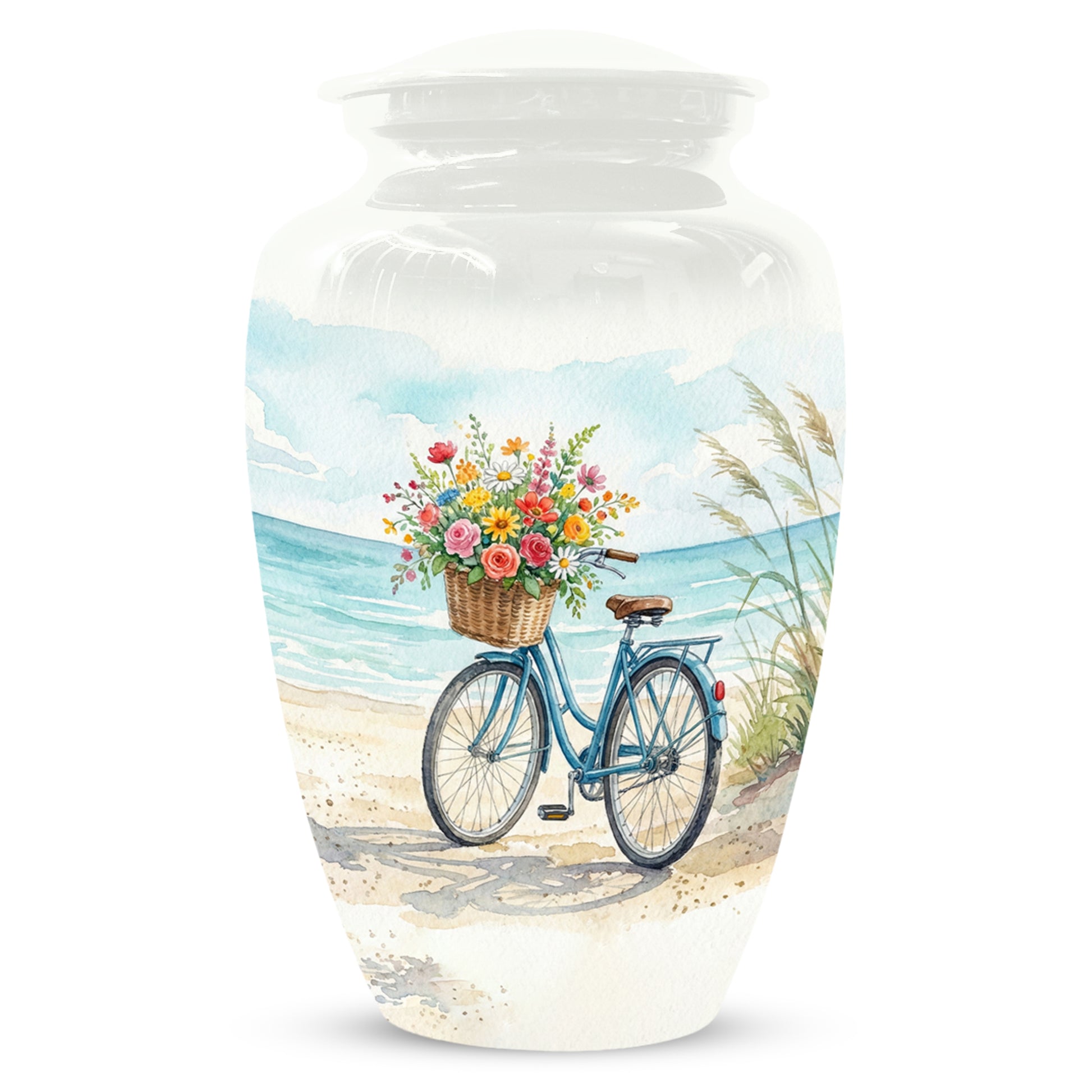 Beach Bicycle Urn for Mom – Coastal Cremation Urn for Ashes | Floral Ocean Memorial Keepsake