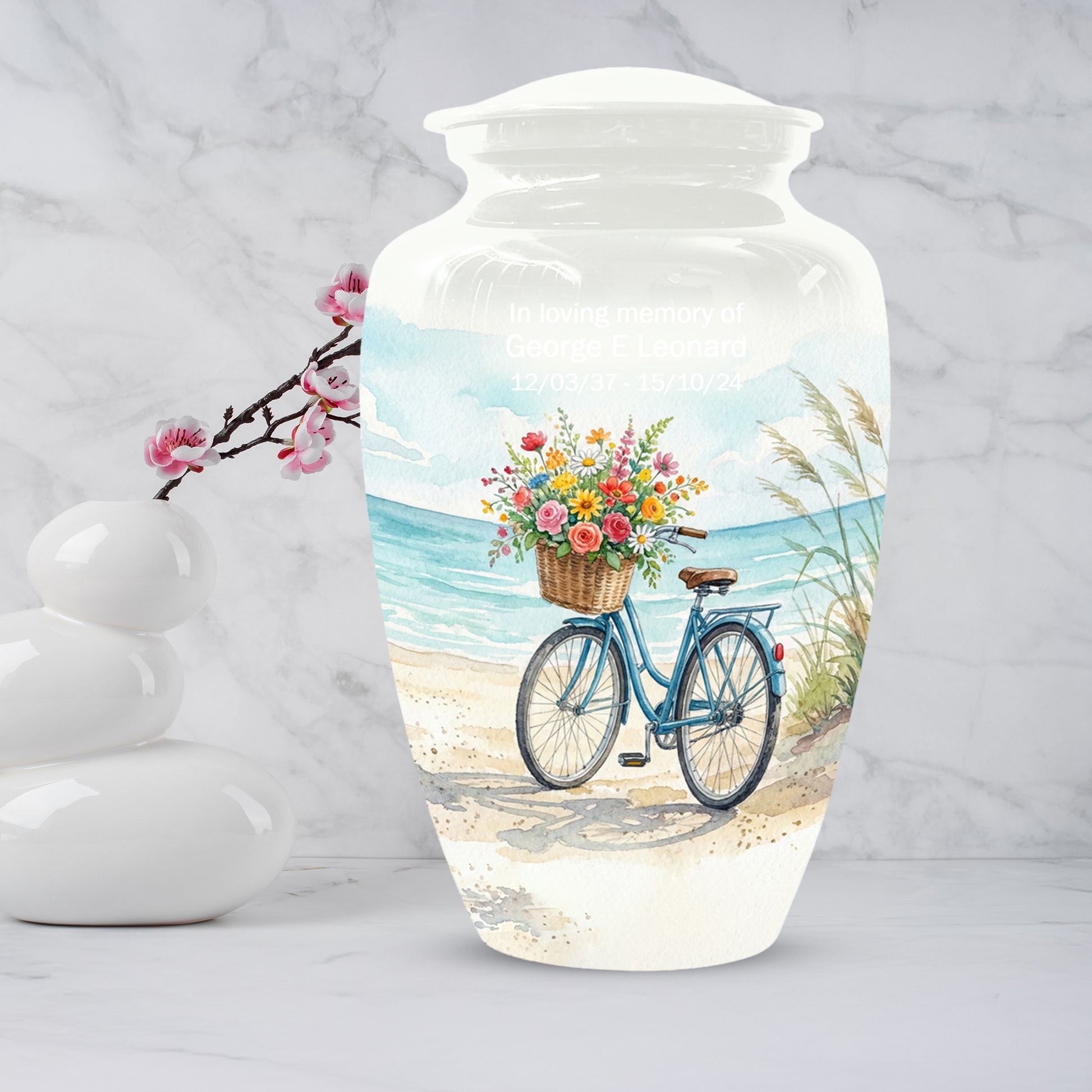 Beach Bicycle Urn for Mom – Coastal Cremation Urn for Ashes | Floral Ocean Memorial Keepsake