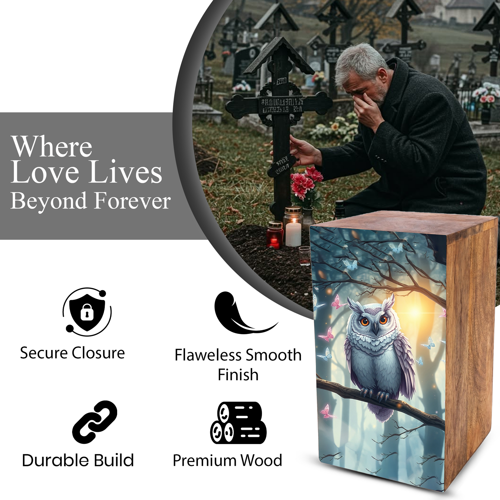 Barn Owl Urn For Ashes - Forest Memorial Box Urns For Men & Women