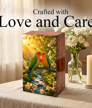 Love Bird Couple Cremation Urn – Companion Memorial Wooden Box for Ashes