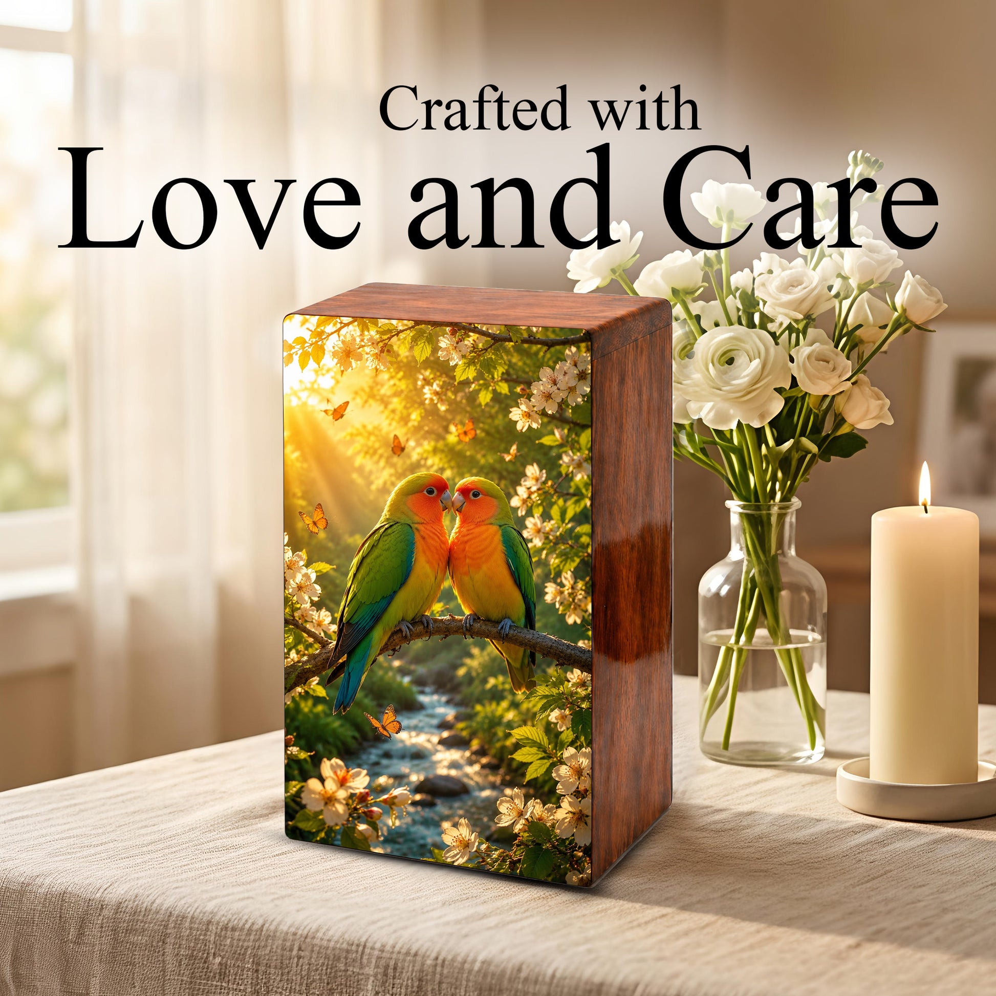 Love Bird Couple Cremation Urn – Companion Memorial Wooden Box for Ashes