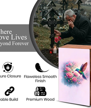 Floral Hummingbird Wooden Urn for Ashes, Memorial Keepsake Pink Urns for Mom