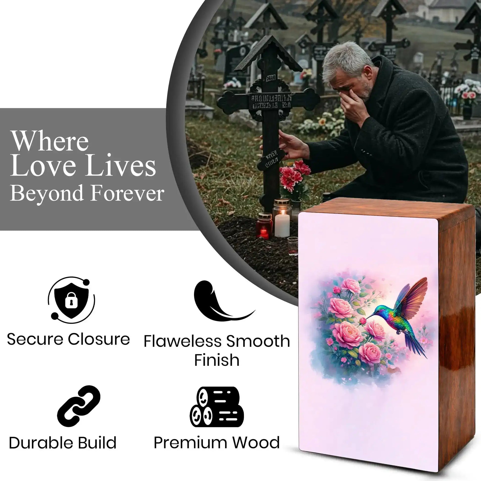 Floral Hummingbird Wooden Urn for Ashes, Memorial Keepsake Pink Urns for Mom