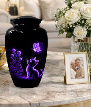 Personalized Cat Memorial Urn For Ashes - Purple Butterfly Pet Urns for Cats
